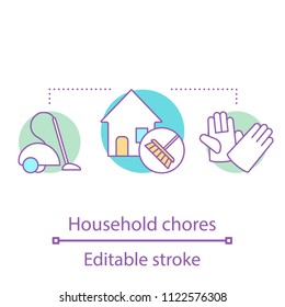 Household chores concept icon. Tidying and cleaning house. Housework idea thin line illustration. Doing vacuuming. Vector isolated outline drawing. Editable stroke