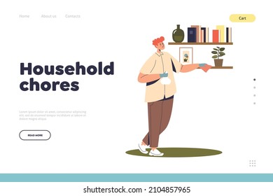 Household chores concept of landing page with man wiping dust at home. Housekeeping activities. Young male cleaning house washing and cleansing. Cartoon flat vector illustration