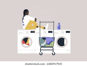 Household chores concept, a young African character waiting for their laundry in a coin laundromat