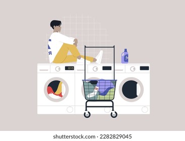 Household chores concept, a young character waiting for their laundry in a coin laundromat