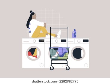 Household chores concept, a young character waiting for their laundry in a coin laundromat