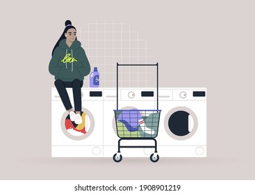 Household chores concept, a young female Asian character waiting for their laundry in a coin laundromat