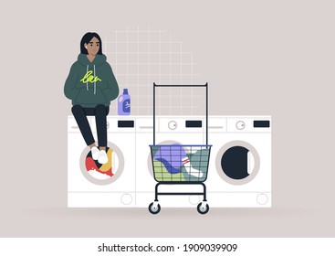 Household chores concept, a young female character waiting for their laundry in a coin laundromat