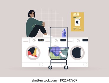 Household chores concept, a young female character waiting for their laundry in a coin laundromat