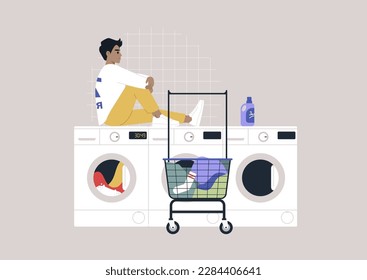 Household chores concept, a young Hispanic character waiting for their laundry in a coin laundromat