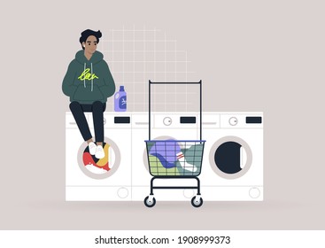 Household chores concept, a young male character waiting for their laundry in a coin laundromat