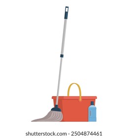 Household chores and disinfection equipment: mop, bucket and detergent, isolated