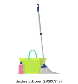 Household chores and disinfection equipment: mop, bucket and detergent, isolated