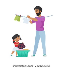 Household chores of father and daughter, girl giving clean laundry from basket to man vector illustration