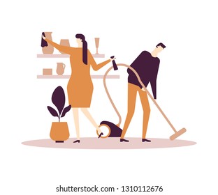 Household chores - flat design style colorful illustration on white background. Composition with characters, wife and husband. Woman dusting, man vacuum cleaning in the living room. Everyday life