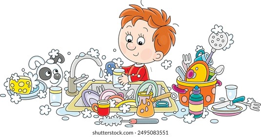 Household chores, a funny little boy washing dishes, pans, forks and spoons in a kitchen sink after a holiday dinner at home, vector cartoon illustration isolated on a white background