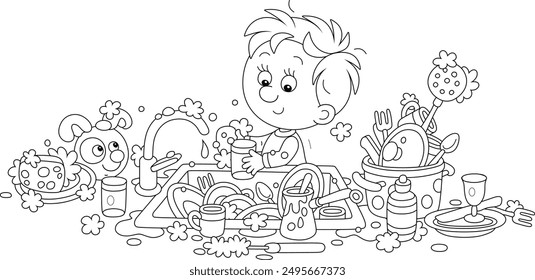 Household chores, a funny little boy washing dishes, pans, forks and spoons in a kitchen sink after a holiday dinner at home, black and white outline vector cartoon illustration for a coloring book