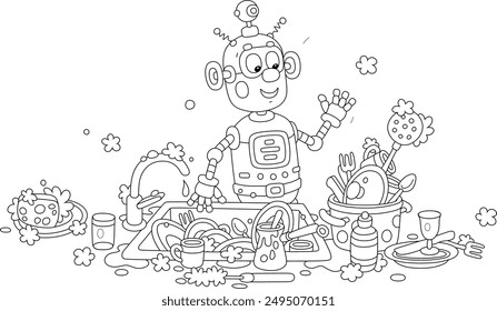 Household chores, a funny toy robot going to wash dishes, pans, forks and spoons in a kitchen sink after a holiday dinner at home, black and white vector illustration for a coloring book