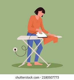 Household chores. The girl is doing household chores. Ironing clothes on an ironing board. Housewife woman. Vector image.