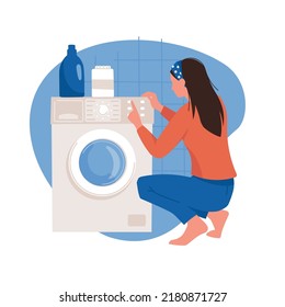 Household chores. The girl is doing household chores. Washing clothes in a washing machine. Housewife woman. Vector image.