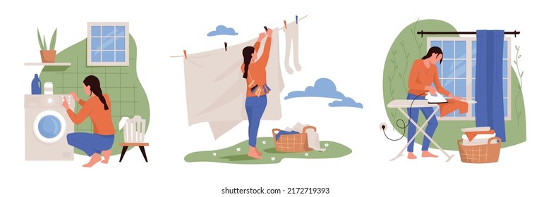 Tareas domésticas. La niña se encarga de las tareas domésticas. Lavando la ropa, colgando la ropa para secarla, planchando la ropa. Mujer casera. Imagen vectorial.