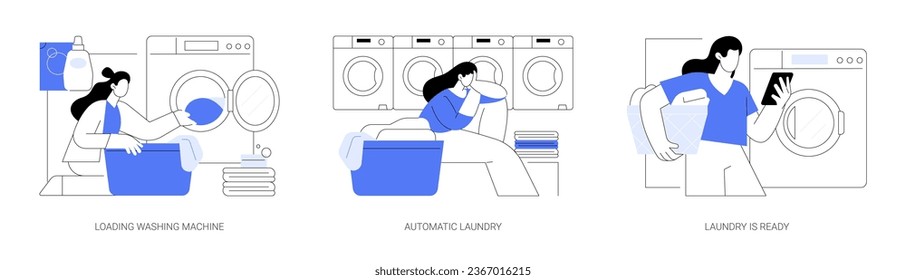 Household chores isolated cartoon vector illustrations set. Woman loading washing machine, automatic laundry, smiling girl picks up washed clothing, daily routine, domestic chores vector cartoon.