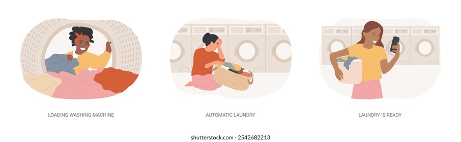 Household chores isolated cartoon vector illustrations set. Woman loading washing machine, automatic laundry, smiling girl picks up washed clothing, daily routine, domestic chores vector cartoon.