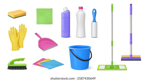 Household chores, isolated set of equipment for cleaning. Vector in realistic style, mops and bucket, detergents and scoop. Types of cloth for removing dust and sponges, lint roller cleaner