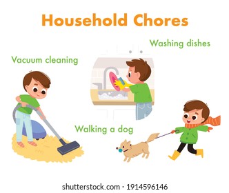 Household Chores For Kids Concept, Card. Boy Vacuuming, Cleaning Floor With Vacuum Cleaner. Boy Cleaning Washing Dishes. Girl Walking Dog. Children Doing Domestic Duties, Household Work, Homemaking