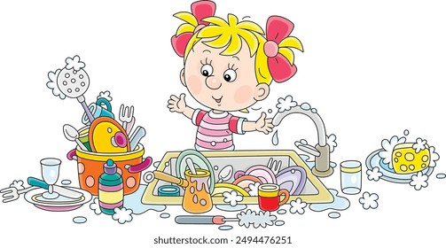 Household chores, a little girl going to wash dishes, pans, forks and spoons in a kitchen sink after a holiday dinner at home, vector cartoon illustration isolated on a white background