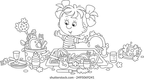 Household chores, a little girl going to wash dishes, pans, forks and spoons in a kitchen sink after a holiday dinner at home, black and white outline vector cartoon illustration for a coloring book