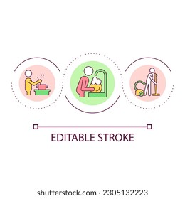 Household chores loop concept icon. Domestic duties abstract idea thin line illustration. Performing home activities. Cooking and cleaning. Isolated outline drawing. Editable stroke. Arial font used
