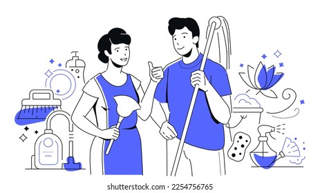 Household chores - modern colorful line design style illustration on white background. A composition with a happy couple doing overall cleaning. Images of detergents, vacuum cleaner, mop