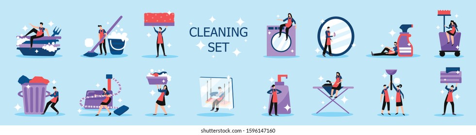 Household chores professional home and industrial cleaning service people tools flat icons set background isolated vector illustration 