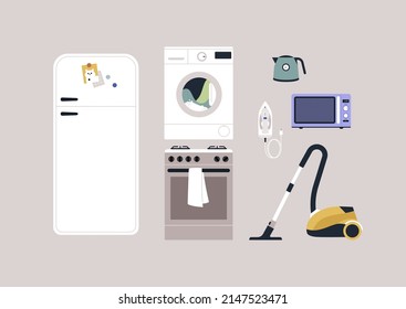 Household chores set, cleaning, cooking, and laundry appliances