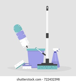 Household chores. Set of cleaning tools: a mop, a bucket, a feather duster, a bottle of cleaning spray, a brush and a sponge. Flat editable vector illustration, clip art