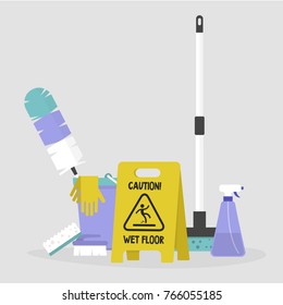 Household chores. Set of cleaning tools: a caution sign, a mop, a bucket, a feather duster, a bottle of cleaning spray, a brush and a sponge. Flat editable vector illustration, clip art