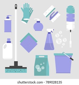 Household chores. Set of cleaning tools: a mop, a bucket, a feather duster, a bottle of cleaning spray, a pair of gloves, a brush and a sponge. Flat editable vector illustration, clip art