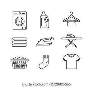 Tareas domésticas Vector Lavandería Lavadora Colgador de detergente Plancha Tabla de planchar Cesta Calcetín Textil Cuidado de la ropa