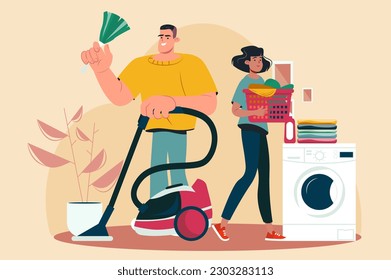 Household chores yellow concept with people scene in the flat cartoon style. A young couple do household chores together to help each other. Vector illustration.