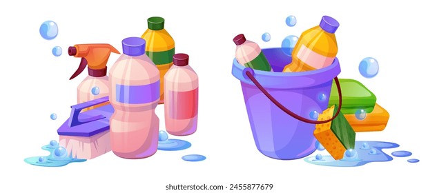 Household clean supplies and bottle vector icon. Brush, cleaner and detergent spray in plastic bucket with soap bubble. Cleanup tool set for bathroom. Housekeeping stuff kit for hygiene in kitchen