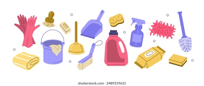 Household clean up tools set. Collections of chemical detergents, plunger, brush and other types of cleaning supplies. Vector illustration.