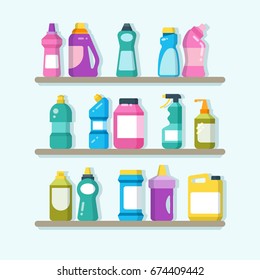 Household cleaner products and laundry goods on shelves. House cleaning service vector concept. Detergent cleaner and wash, housework with soap disinfectant illustration