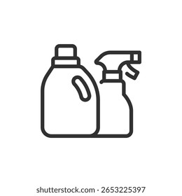 Ícone de garrafas de limpeza doméstica. Detergente e frasco de pulverização para limpeza, saneamento ou manutenção. Traçado editável.