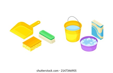 Household Cleaning Equipment with Bucket, Brush and Dustpan Isometric Vector Composition Set