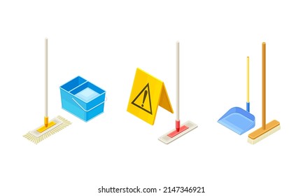 Household Cleaning Equipment with Mop, Broom and Dustpan Isometric Vector Composition Set