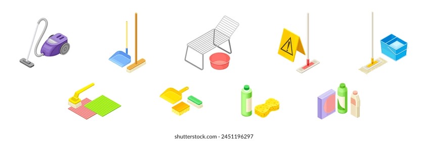 Household Cleaning Equipment and Object for Cleanup Isometric Vector Set