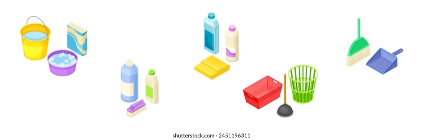 Household Cleaning Equipment and Object for Cleanup Isometric Vector Set