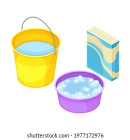 Household Cleaning Equipments with Bucket Full with Water and Detergent Isometric Vector Composition