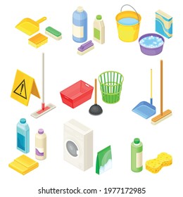 Household Cleaning Equipments with Mop, Broom and Bottles with Detergents Isometric Vector Set