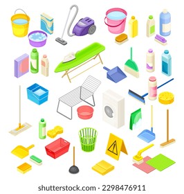 Haushaltsreinigungsgeräte mit Mop, Broom und Flaschen mit Detergenzien - Isometrisches Big Vector Set