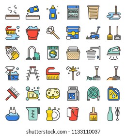 Household Cleaning and laundry service and equipment filled outline icon set