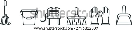 Household cleaning and maintenance set featuring a mop, bucket, wringer, scrub brush, rubber gloves, and a dustpan in a linear style