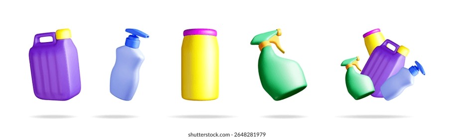 Household cleaning product bottles and sprayers for home care. Disinfectant and detergent containers for cleaning supplies. 3d stock vector.