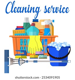 Household cleaning products and accessories in basket with detergent spay and rubber gloves abstract vector illustration in flat design. Cleaning set. MOP, sponge, blue plastic bucket,